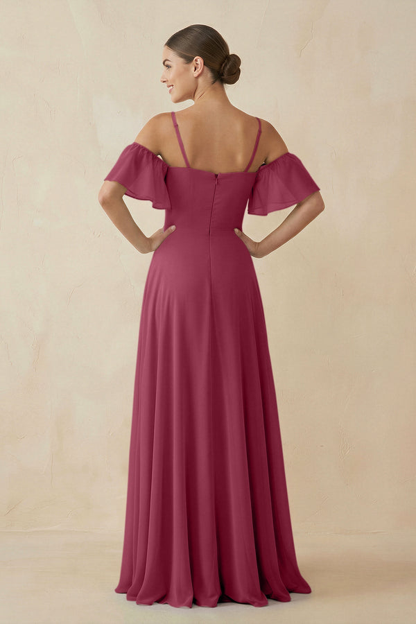 Off - the - Shoulder A - Line Chiffon Bridesmaid Dress in Desert Rose - KissProm Bridesmaid Dresses