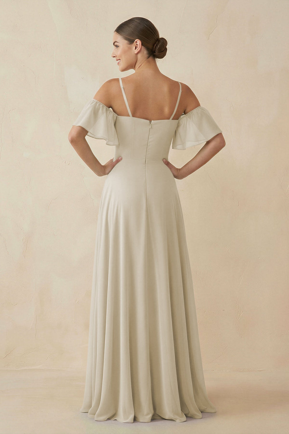 Off - the - Shoulder A - Line Chiffon Bridesmaid Dress in Dove Gray - KissProm Bridesmaid Dresses