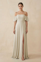 Off - the - Shoulder A - Line Chiffon Bridesmaid Dress in Dove Gray - KissProm Bridesmaid Dresses