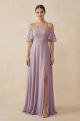 Off - the - Shoulder A - Line Chiffon Bridesmaid Dress in Dusk - KissProm Bridesmaid Dresses
