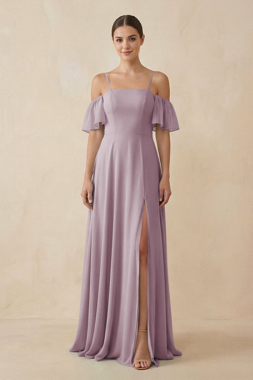 Off - the - Shoulder A - Line Chiffon Bridesmaid Dress in Dusk - KissProm Bridesmaid Dresses