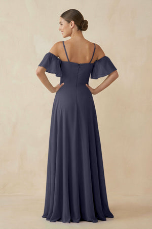 Off - the - Shoulder A - Line Chiffon Bridesmaid Dress in Dusk Blue - KissProm Bridesmaid Dresses