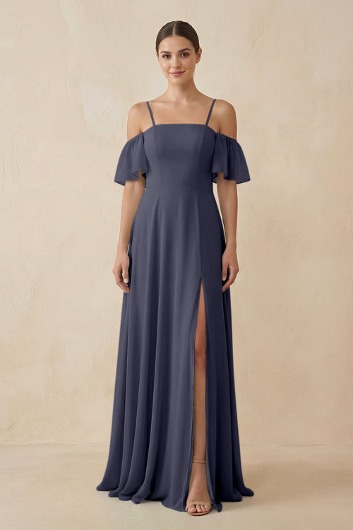 Off - the - Shoulder A - Line Chiffon Bridesmaid Dress in Dusk Blue - KissProm Bridesmaid Dresses