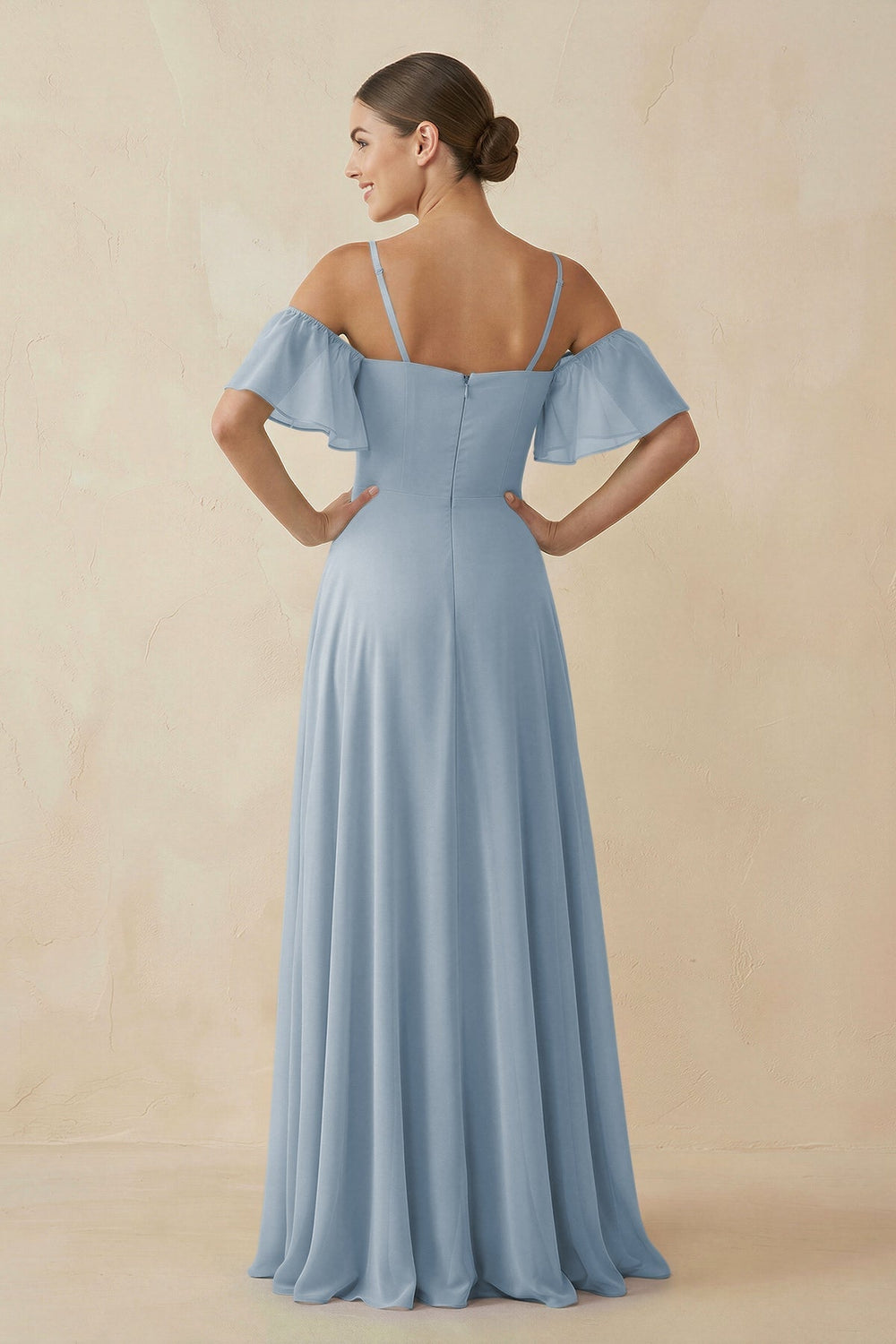 Off - the - Shoulder A - Line Chiffon Bridesmaid Dress in Dusty Blue - KissProm Bridesmaid Dresses