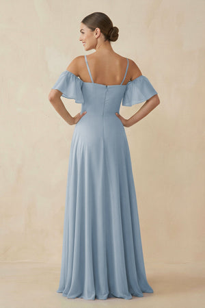 Off - the - Shoulder A - Line Chiffon Bridesmaid Dress in Dusty Blue - KissProm Bridesmaid Dresses