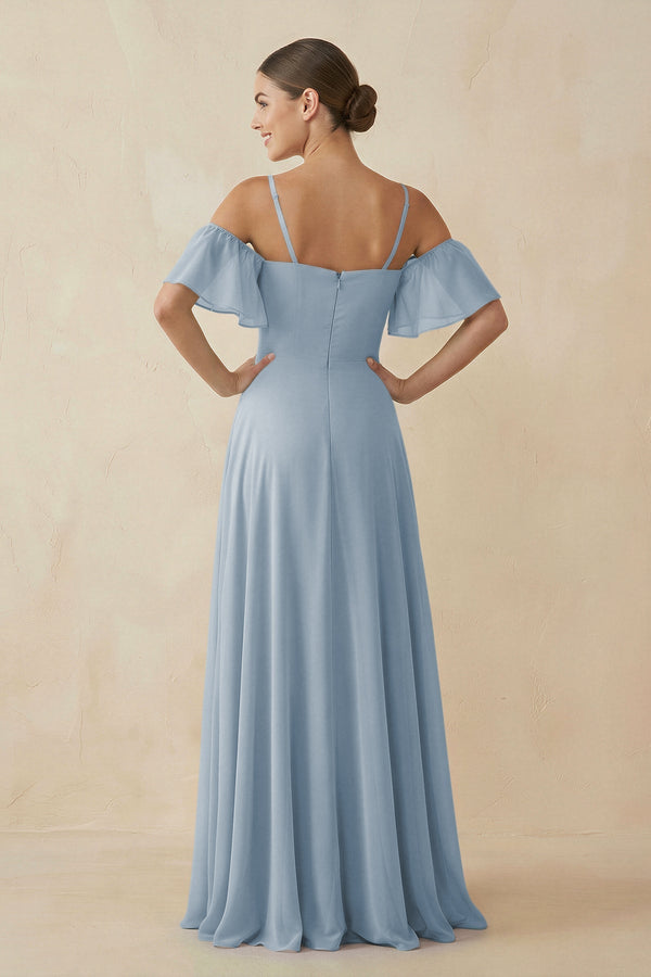 Off - the - Shoulder A - Line Chiffon Bridesmaid Dress in Dusty Blue - KissProm Bridesmaid Dresses