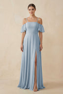 Off - the - Shoulder A - Line Chiffon Bridesmaid Dress in Dusty Blue - KissProm Bridesmaid Dresses