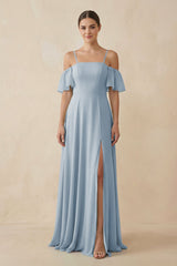 Off - the - Shoulder A - Line Chiffon Bridesmaid Dress in Dusty Blue - KissProm Bridesmaid Dresses