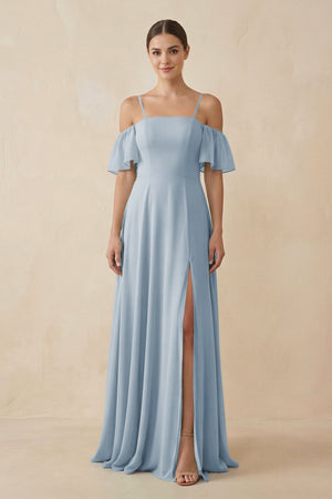 Off - the - Shoulder A - Line Chiffon Bridesmaid Dress in Dusty Blue - KissProm Bridesmaid Dresses