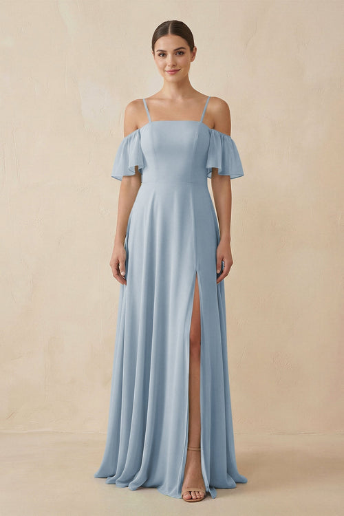 Off - the - Shoulder A - Line Chiffon Bridesmaid Dress in Dusty Blue - KissProm Bridesmaid Dresses