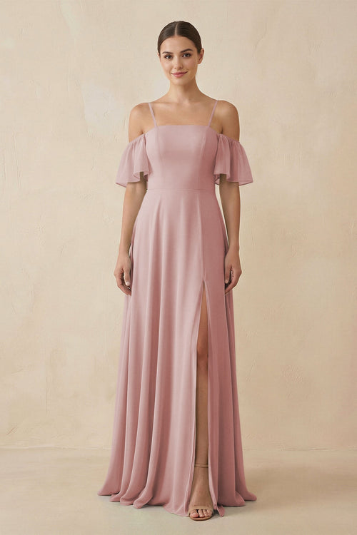KissProm Off-the-Shoulder A-Line Chiffon Bridesmaid Dress in Dusty Rose, Dusty Rose / 20