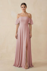 Off - the - Shoulder A - Line Chiffon Bridesmaid Dress in Dusty Rose - KissProm Bridesmaid Dresses
