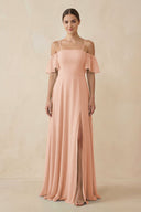 Off - the - Shoulder A - Line Chiffon Bridesmaid Dress in English Rose - KissProm Bridesmaid Dresses