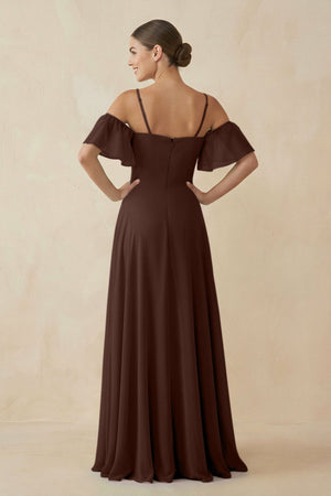 Off - the - Shoulder A - Line Chiffon Bridesmaid Dress in Espresso - KissProm Bridesmaid Dresses