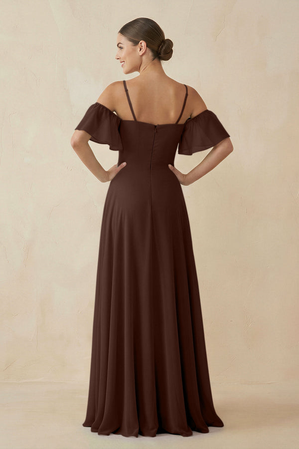Off - the - Shoulder A - Line Chiffon Bridesmaid Dress in Espresso - KissProm Bridesmaid Dresses