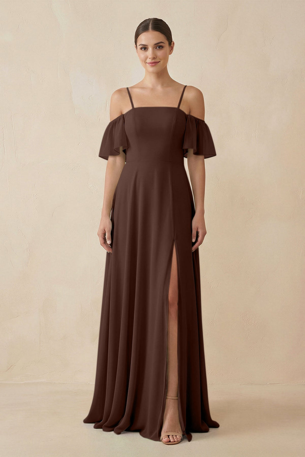 Off - the - Shoulder A - Line Chiffon Bridesmaid Dress in Espresso - KissProm Bridesmaid Dresses
