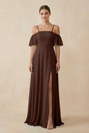 Off - the - Shoulder A - Line Chiffon Bridesmaid Dress in Espresso - KissProm Bridesmaid Dresses