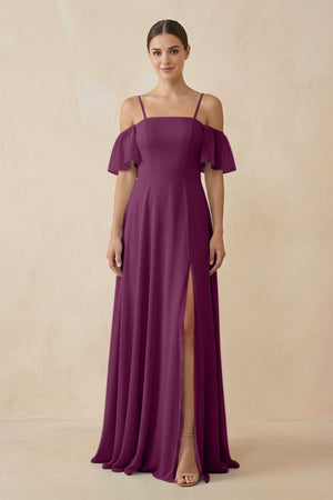 Off - the - Shoulder A - Line Chiffon Bridesmaid Dress in Fig - KissProm Bridesmaid Dresses