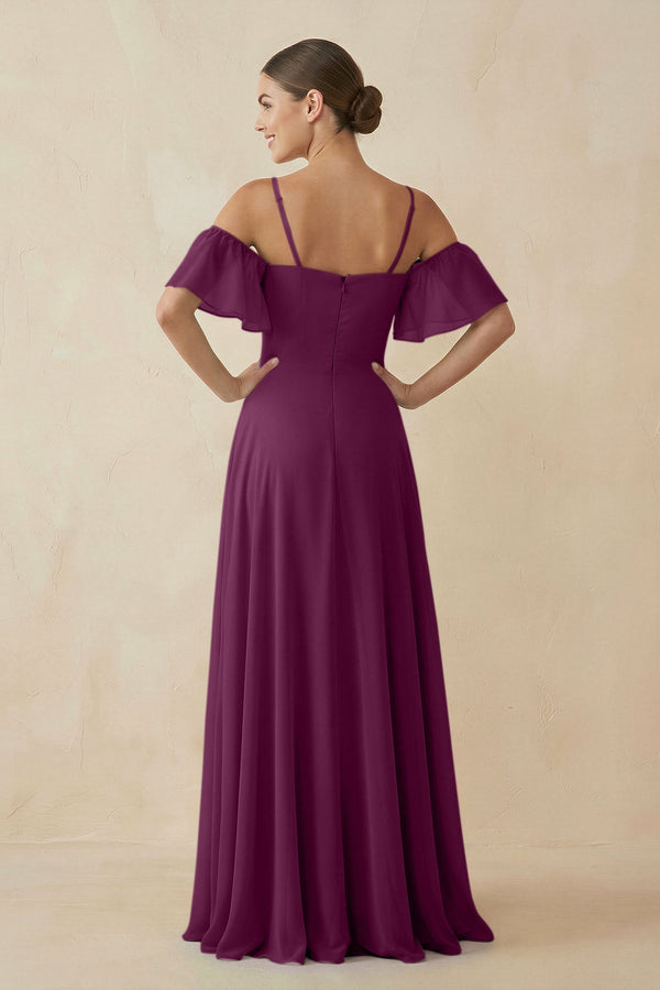 Off - the - Shoulder A - Line Chiffon Bridesmaid Dress in Fig - KissProm Bridesmaid Dresses
