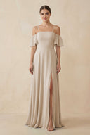 Off - the - Shoulder A - Line Chiffon Bridesmaid Dress in Frost - KissProm Bridesmaid Dresses