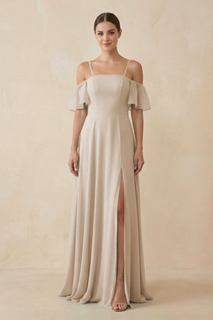 Off - the - Shoulder A - Line Chiffon Bridesmaid Dress in Frost - KissProm Bridesmaid Dresses