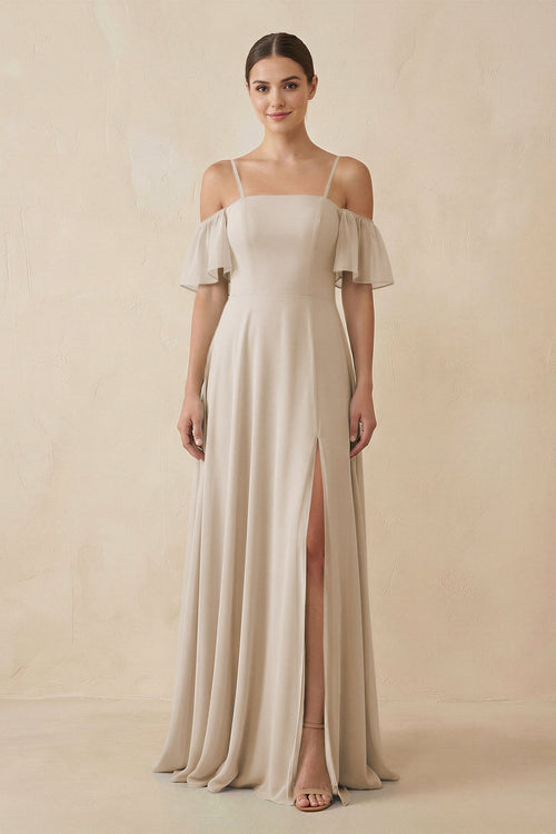 Off - the - Shoulder A - Line Chiffon Bridesmaid Dress in Frost - KissProm Bridesmaid Dresses