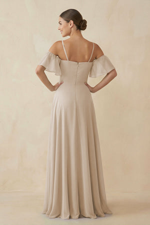 Off - the - Shoulder A - Line Chiffon Bridesmaid Dress in Frost - KissProm Bridesmaid Dresses