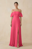 Off - the - Shoulder A - Line Chiffon Bridesmaid Dress in Fuchsia - KissProm Bridesmaid Dresses