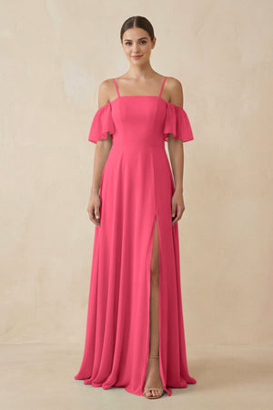 Off - the - Shoulder A - Line Chiffon Bridesmaid Dress in Fuchsia - KissProm Bridesmaid Dresses