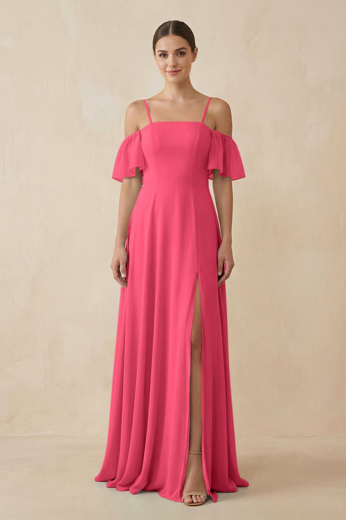 Off - the - Shoulder A - Line Chiffon Bridesmaid Dress in Fuchsia - KissProm Bridesmaid Dresses