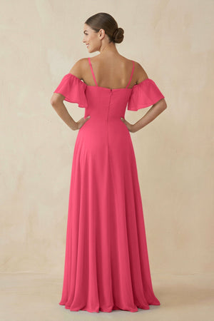 Off - the - Shoulder A - Line Chiffon Bridesmaid Dress in Fuchsia - KissProm Bridesmaid Dresses