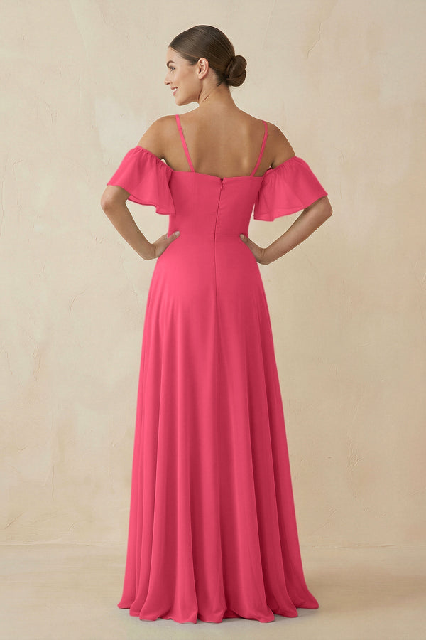Off - the - Shoulder A - Line Chiffon Bridesmaid Dress in Fuchsia - KissProm Bridesmaid Dresses