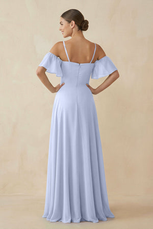 Off - the - Shoulder A - Line Chiffon Bridesmaid Dress in Ice - KissProm Bridesmaid Dresses