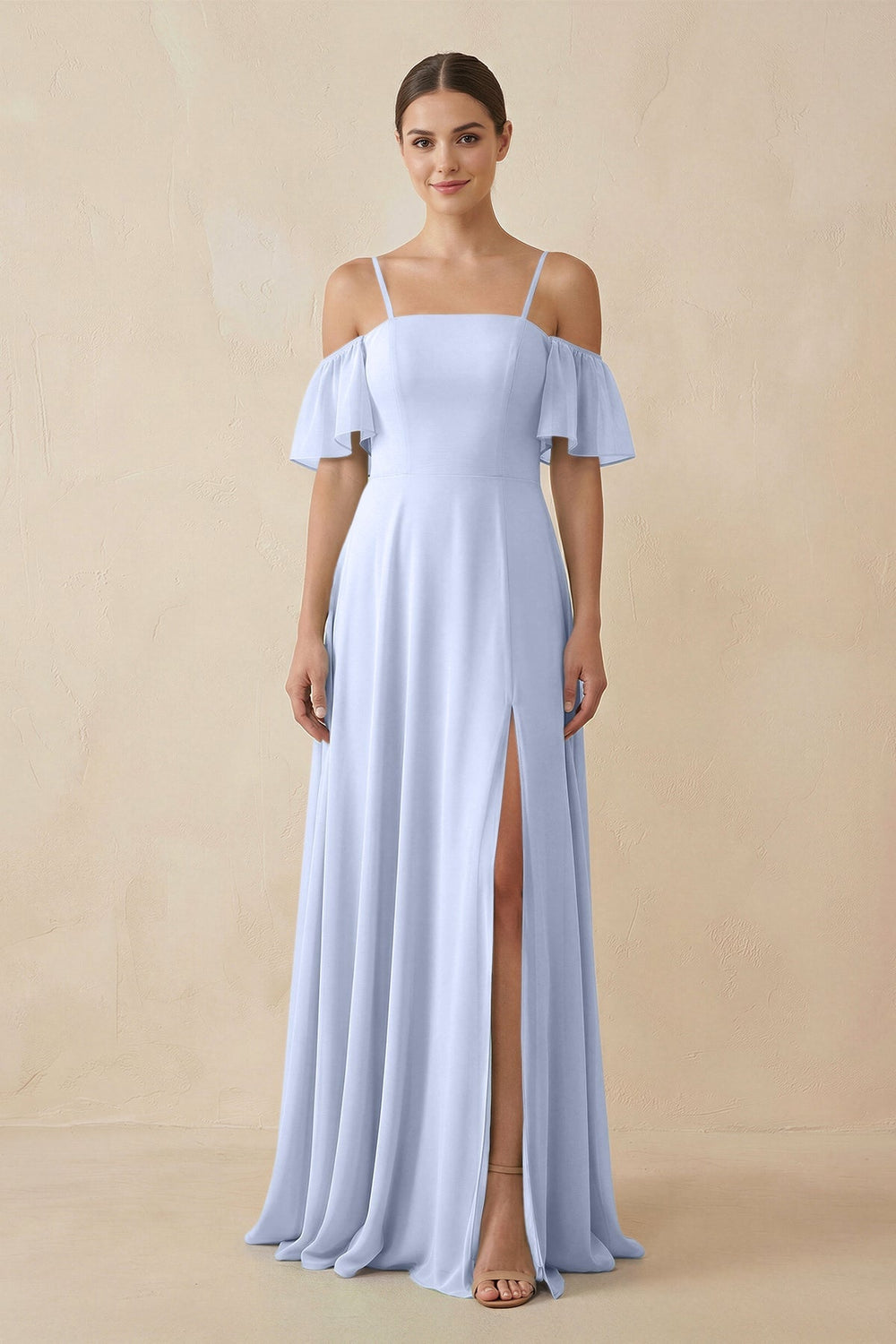 Off - the - Shoulder A - Line Chiffon Bridesmaid Dress in Ice - KissProm Bridesmaid Dresses