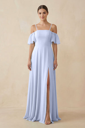 Off - the - Shoulder A - Line Chiffon Bridesmaid Dress in Ice - KissProm Bridesmaid Dresses