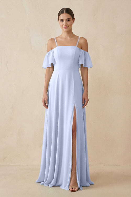 Off - the - Shoulder A - Line Chiffon Bridesmaid Dress in Ice - KissProm Bridesmaid Dresses