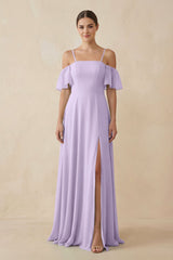 Off - the - Shoulder A - Line Chiffon Bridesmaid Dress in Lavender - KissProm Bridesmaid Dresses
