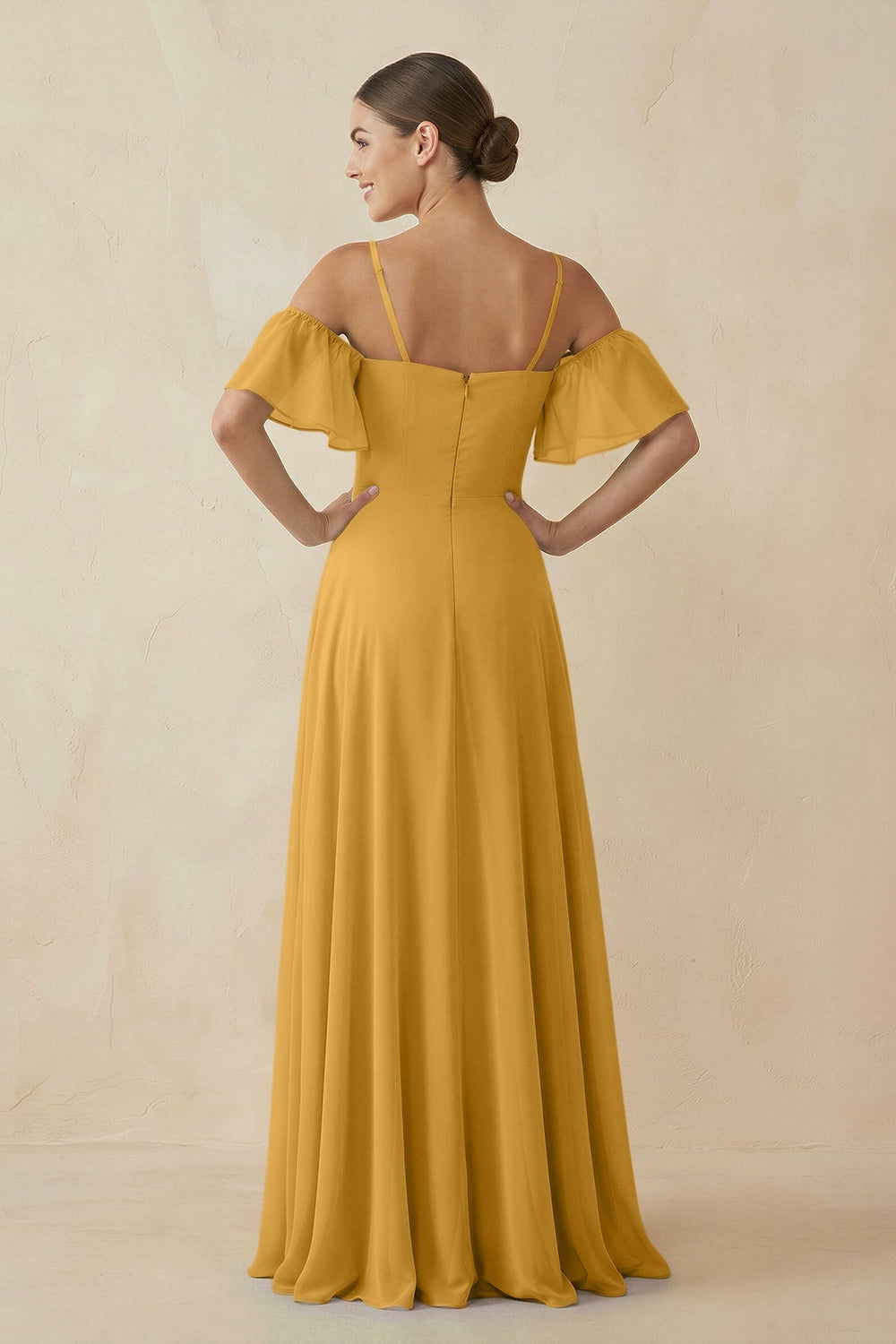 Off - the - Shoulder A - Line Chiffon Bridesmaid Dress in Marigold - KissProm Bridesmaid Dresses