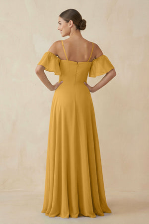 Off - the - Shoulder A - Line Chiffon Bridesmaid Dress in Marigold - KissProm Bridesmaid Dresses