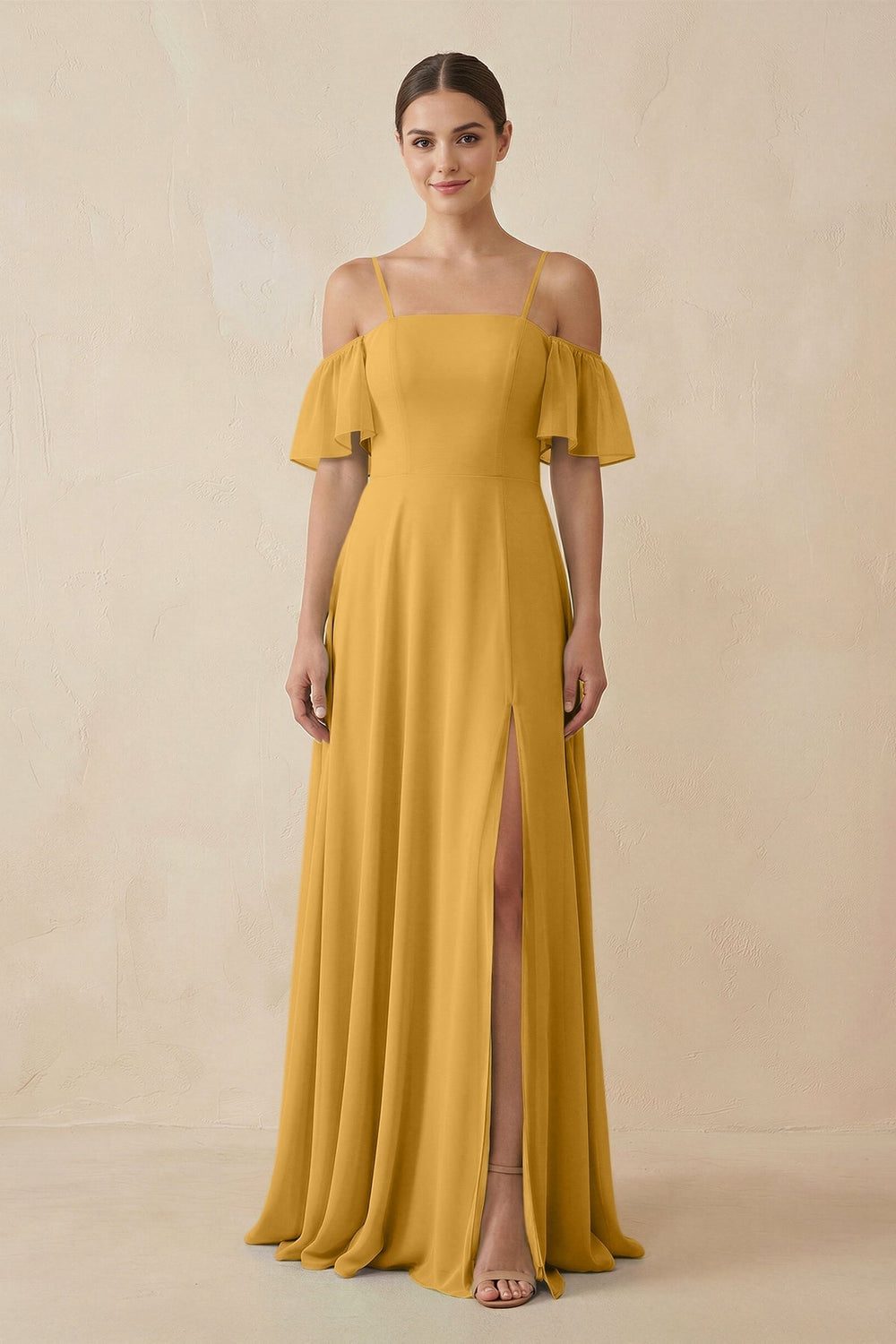 Off - the - Shoulder A - Line Chiffon Bridesmaid Dress in Marigold - KissProm Bridesmaid Dresses
