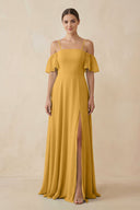 Off - the - Shoulder A - Line Chiffon Bridesmaid Dress in Marigold - KissProm Bridesmaid Dresses