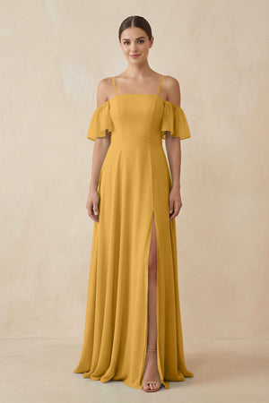 Off - the - Shoulder A - Line Chiffon Bridesmaid Dress in Marigold - KissProm Bridesmaid Dresses