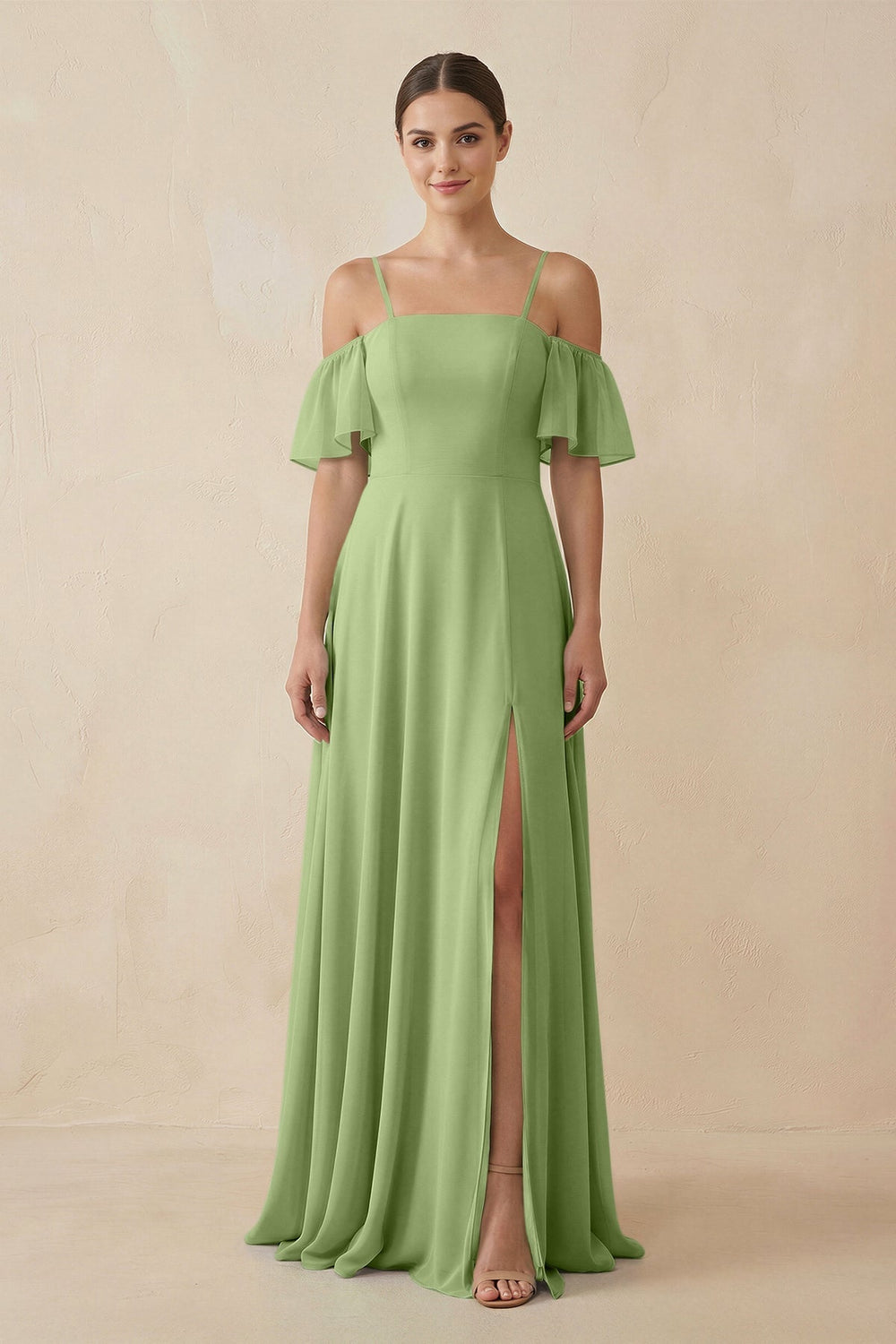 Off - the - Shoulder A - Line Chiffon Bridesmaid Dress in Matcha - KissProm Bridesmaid Dresses