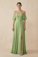 Off - the - Shoulder A - Line Chiffon Bridesmaid Dress in Matcha - KissProm Bridesmaid Dresses