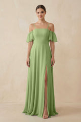 Off - the - Shoulder A - Line Chiffon Bridesmaid Dress in Matcha - KissProm Bridesmaid Dresses