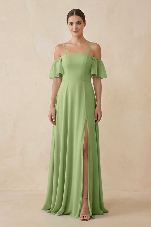 Off - the - Shoulder A - Line Chiffon Bridesmaid Dress in Matcha - KissProm Bridesmaid Dresses