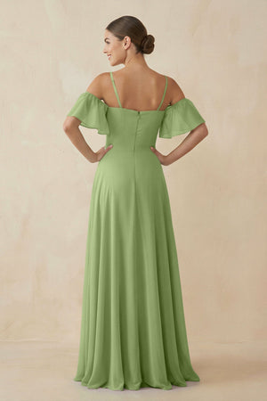 Off - the - Shoulder A - Line Chiffon Bridesmaid Dress in Matcha - KissProm Bridesmaid Dresses