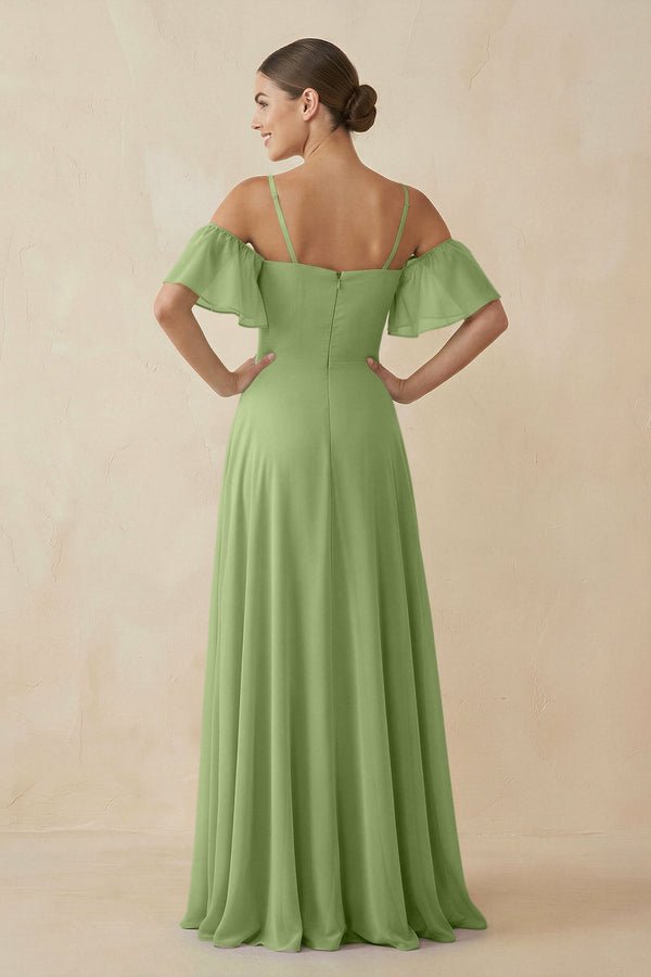Off - the - Shoulder A - Line Chiffon Bridesmaid Dress in Matcha - KissProm Bridesmaid Dresses