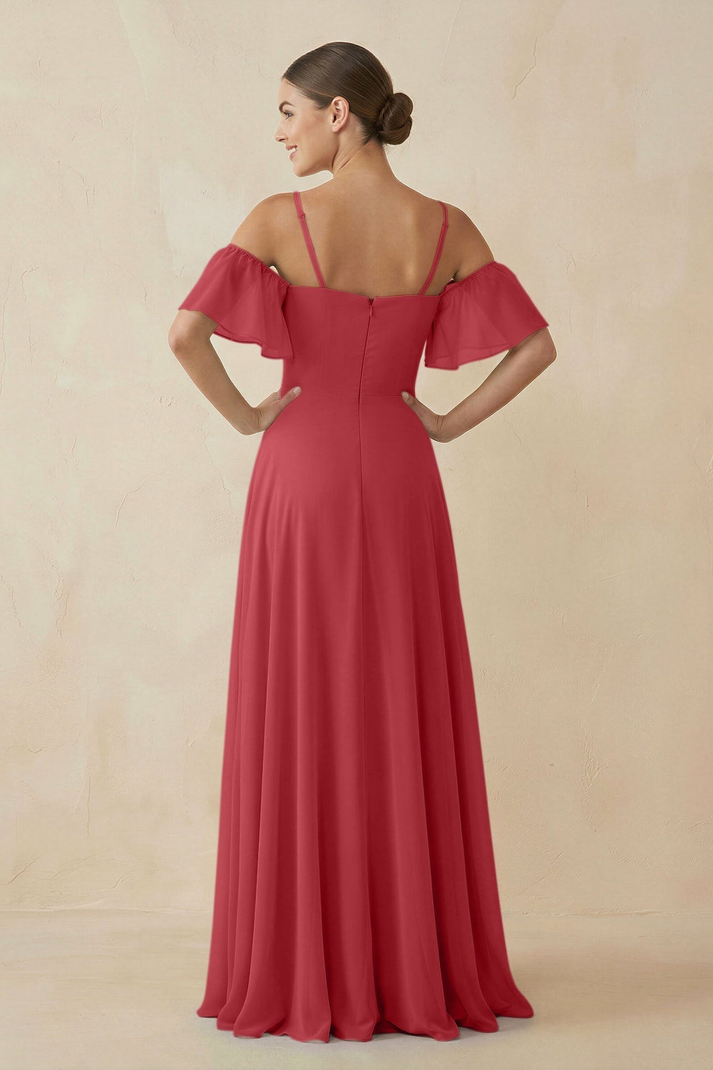 Off - the - Shoulder A - Line Chiffon Bridesmaid Dress in Merlot - KissProm Bridesmaid Dresses