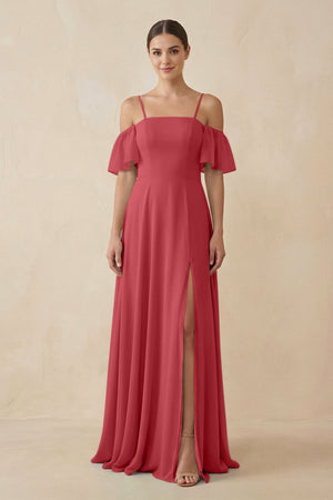 Off - the - Shoulder A - Line Chiffon Bridesmaid Dress in Merlot - KissProm Bridesmaid Dresses